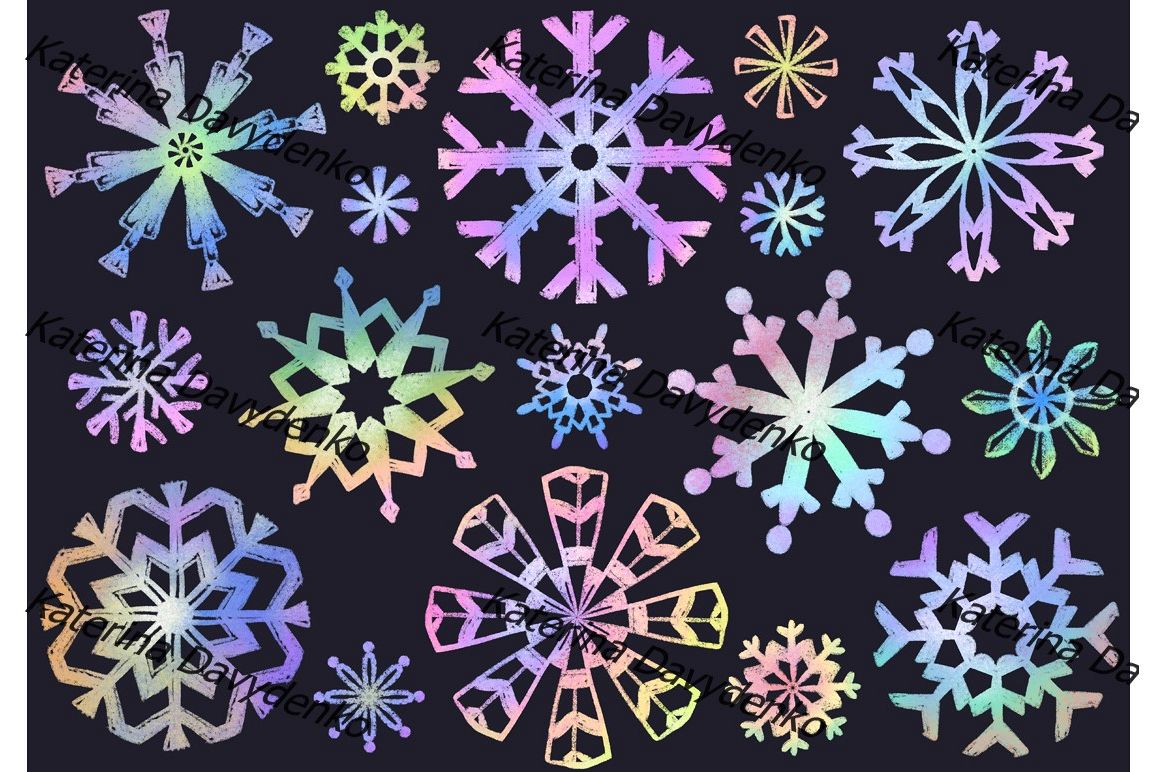 Set of colorful pastel snowflakes drawings, winter clipart example image 1