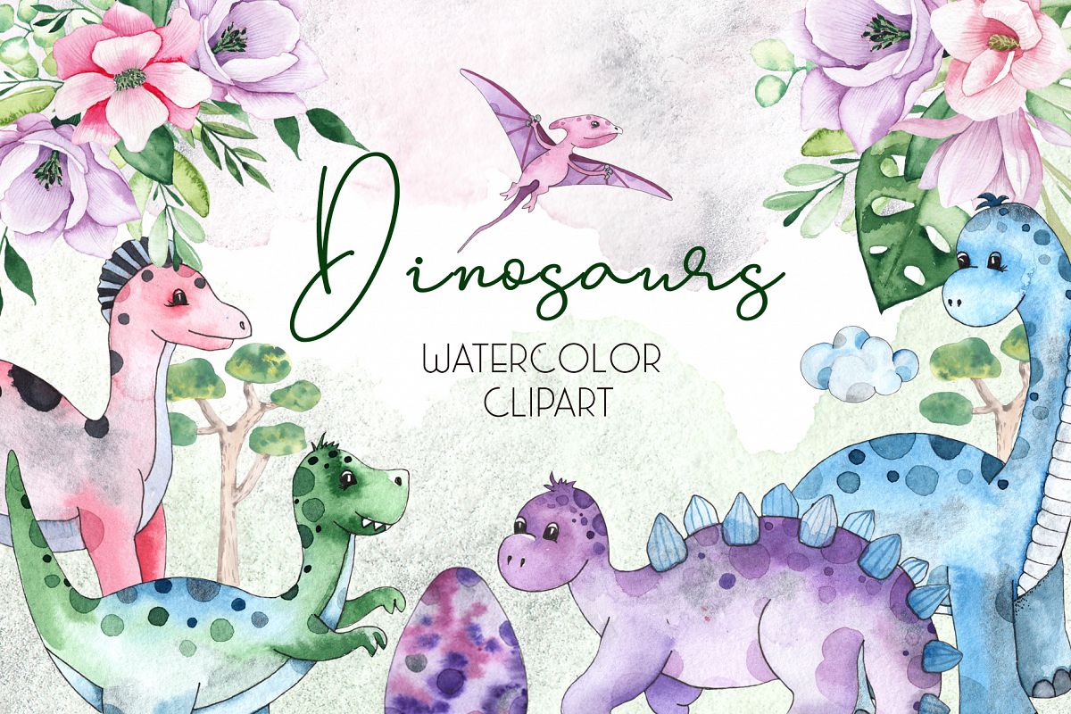 Dinosaurs. Watercolor clipart example image 1