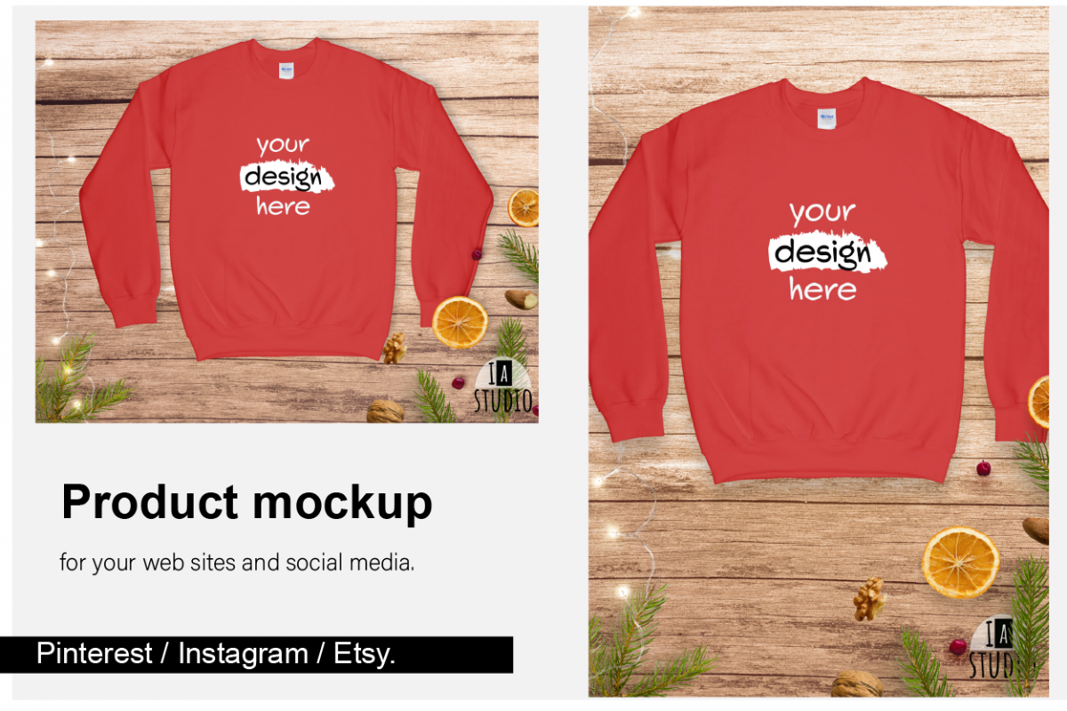 Christmas Sweatshirt Mockup / Gildan 18000 Red / Flat Lay example image 1