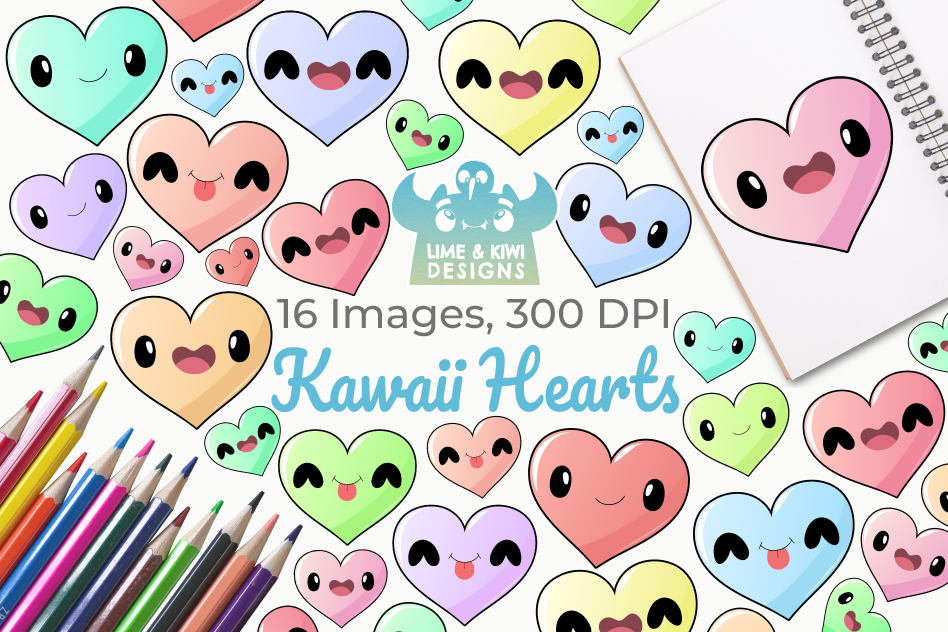 Kawaii Hearts Clipart, Instant Download Vector Art example image 1