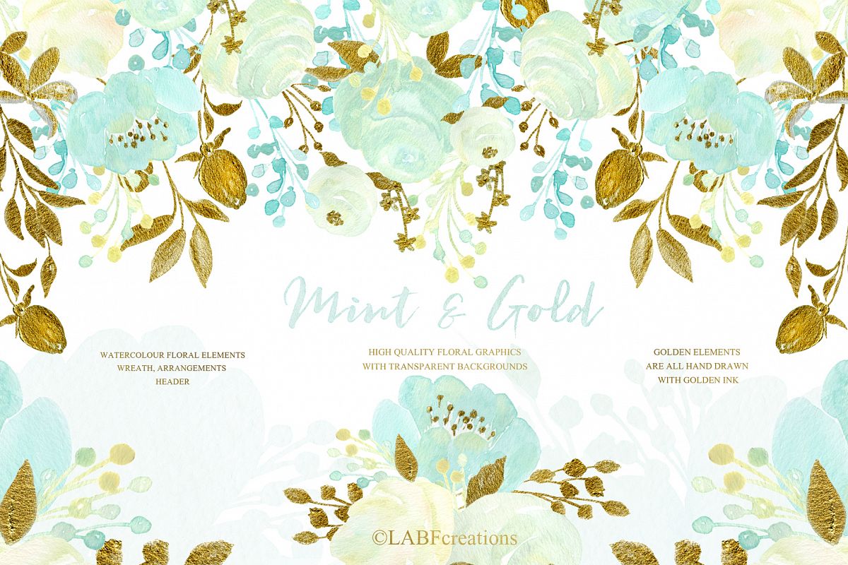 Download Mint and Gold. Watercolor floral clipart.