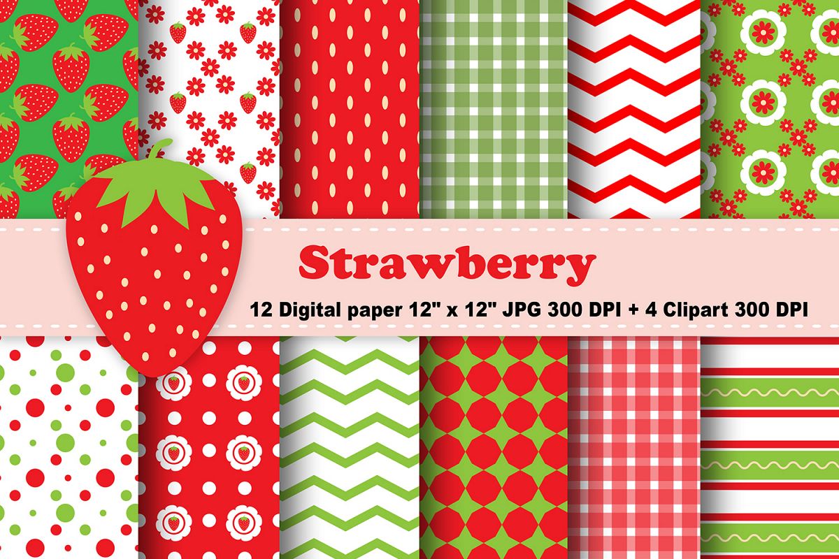 Strawberry Digital Paper, Fruits Background, Flowers Pattern, Fruits ...