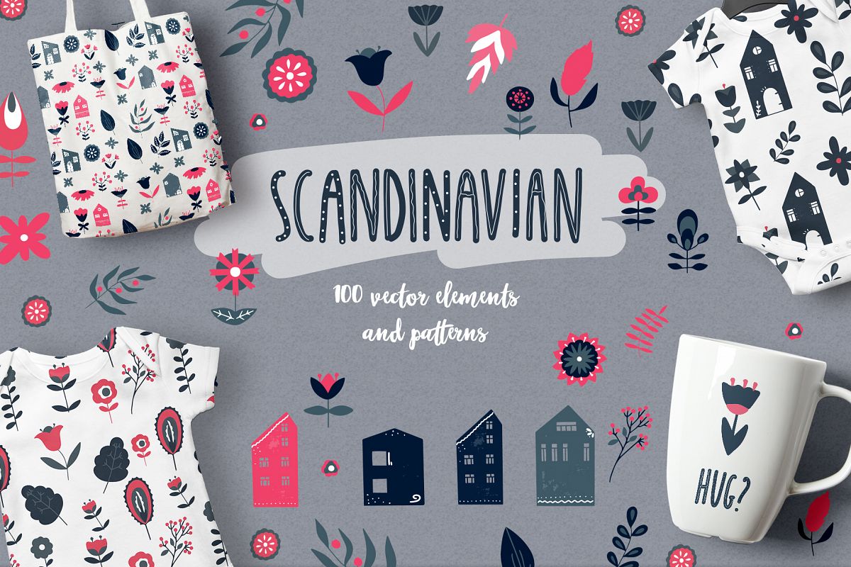 Scandinavian Houses and flower and leaves Nordic clipart example image 1