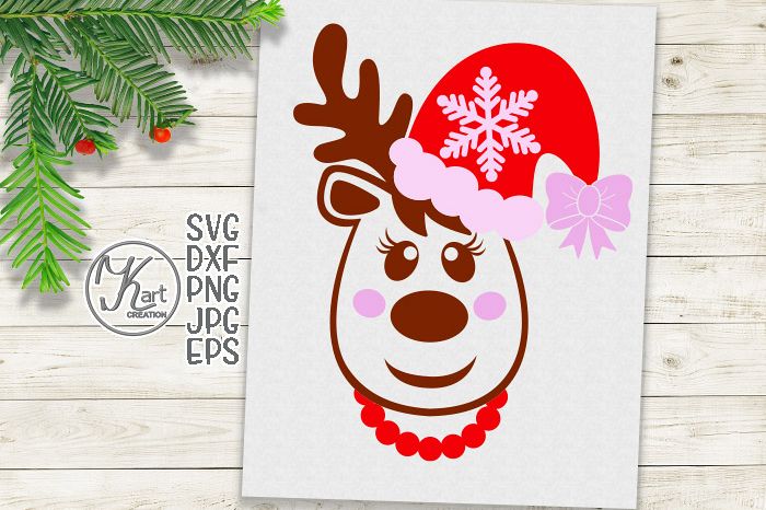 Christmas Reindeer in Santa hat with bow girl toddler svg example image 1