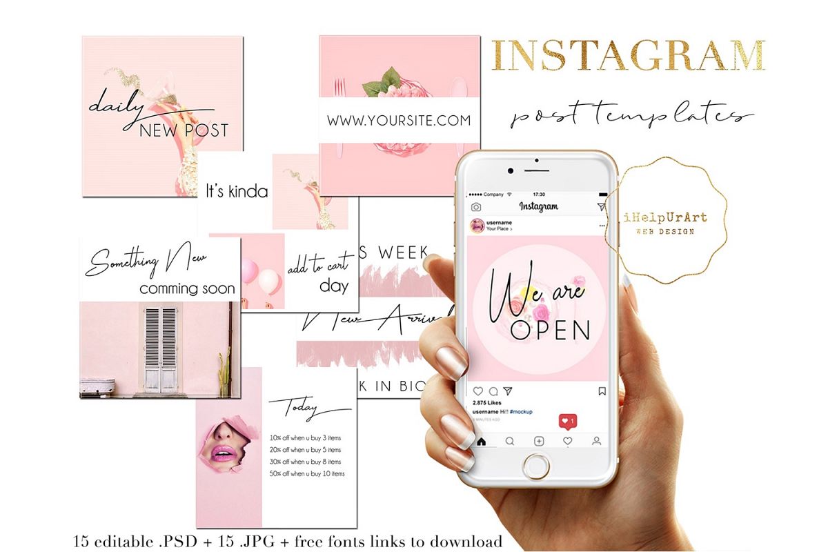 Pink Watercolor Instagram Posts Template example image 1