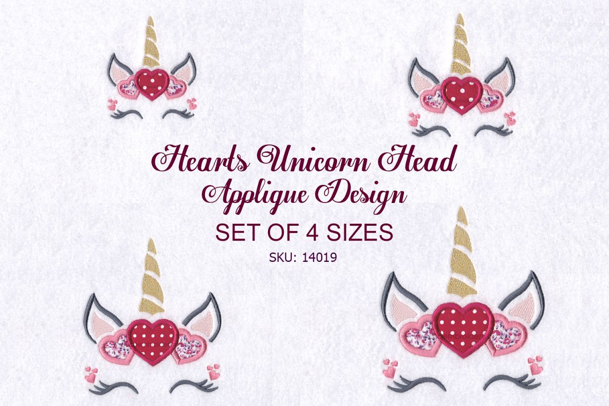 Hearts Unicorn Head Applique Embroidery Design example image 1