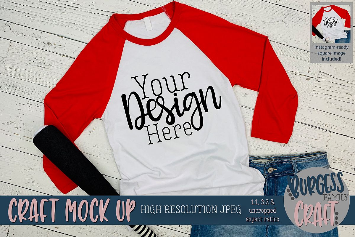 Red baseball raglan 3200 Craft mock up | High Res JPEG example image 1