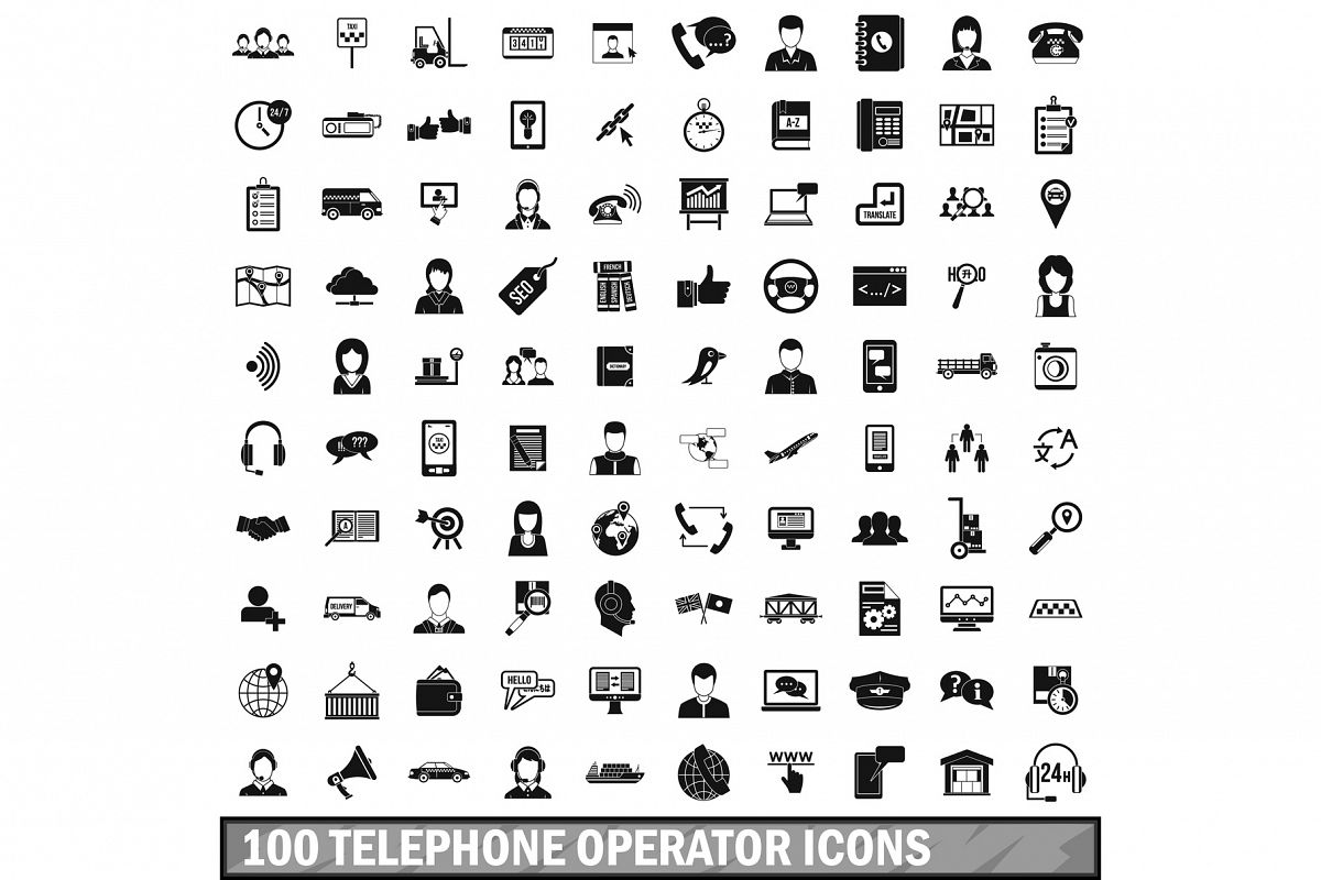 100 telephone operator icons set, simple style example image 1