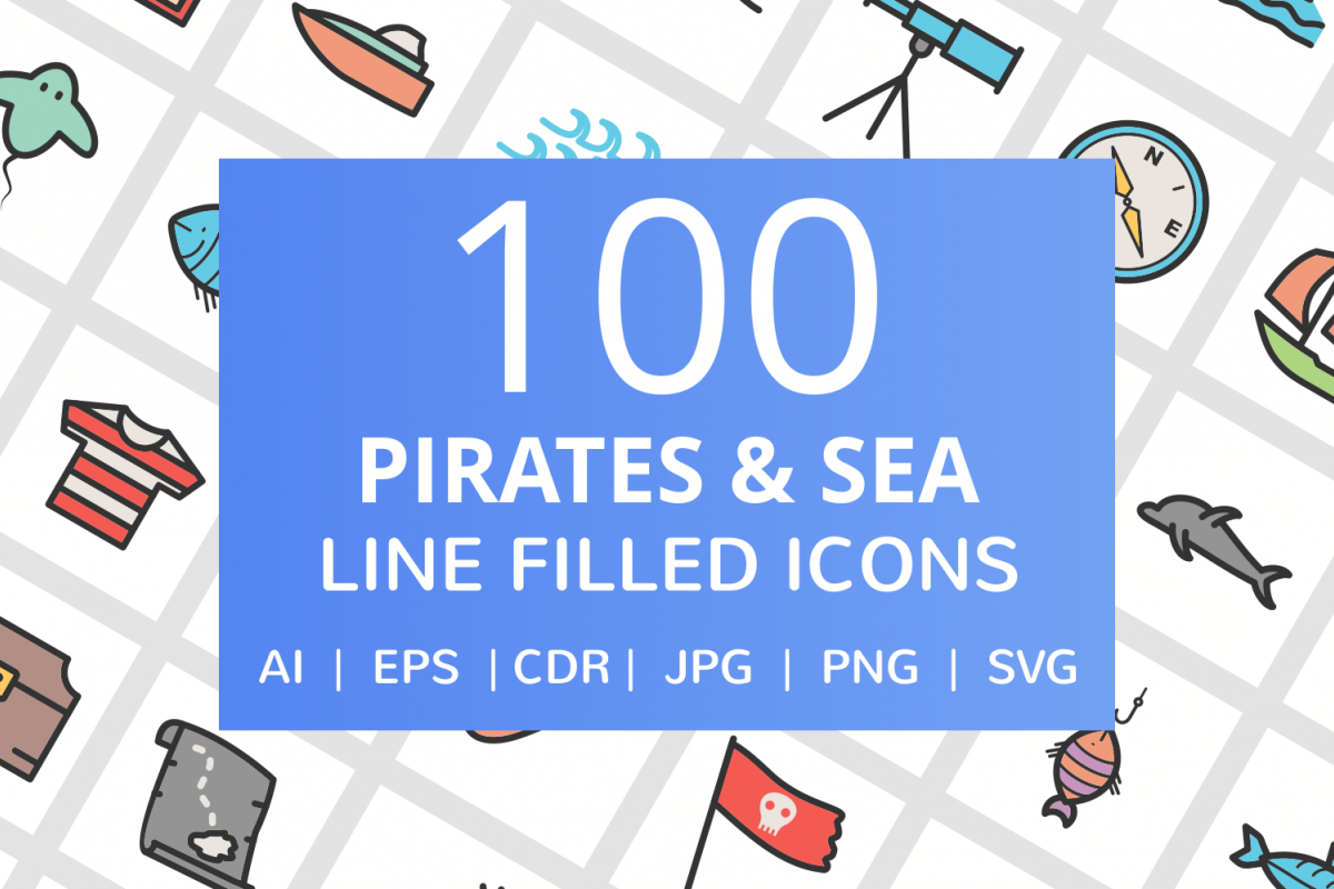 100 Pirate & Sea Filled Line Icons example image 1