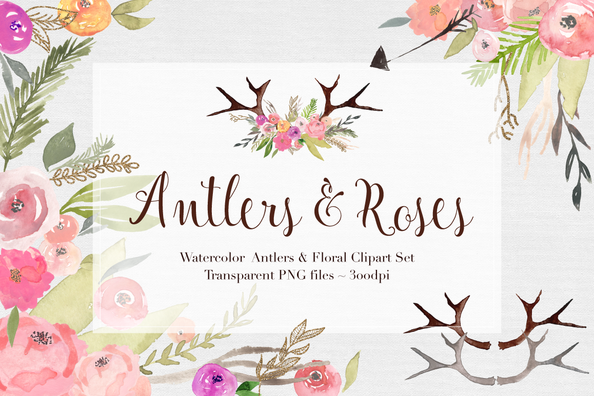 Antlers & Roses Watercolor Clipart example image 1