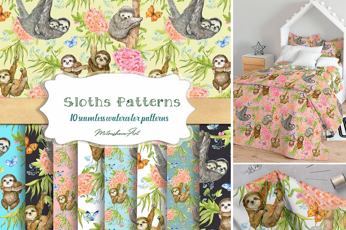 Sloths Seamless patterns example image 1