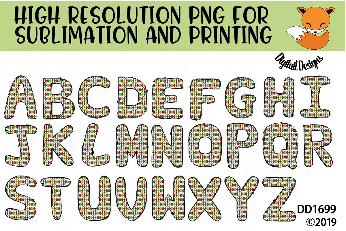 Sublimation Printable Doodle Christmas Argyle Alphabet example image 1