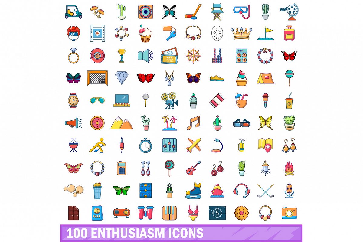 100 enthusiasm icons set, cartoon style example image 1