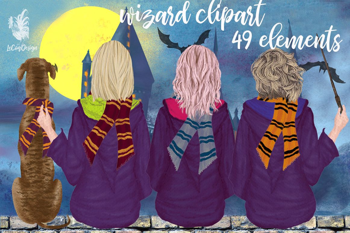 Wizard Girls, Castel Landscape, Dog clipart Wizard friends example image 1