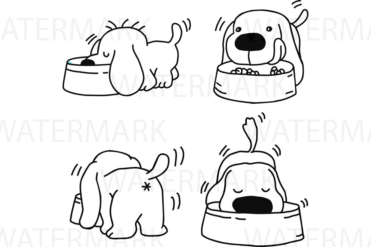 Four Dogs Eating food - SVG/JPG/PNG - Hand Drawing example image 1