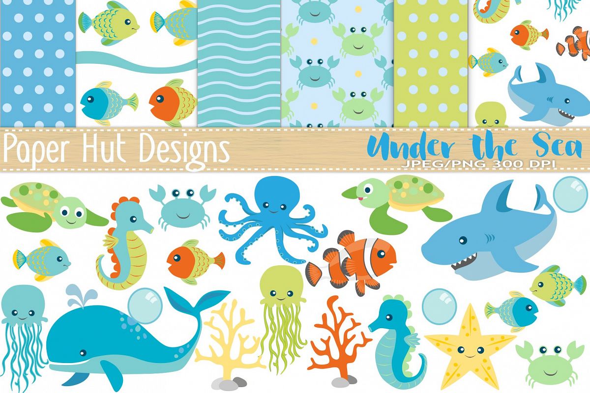 Sea Animal Clipart and Digital Papers Set example image 1