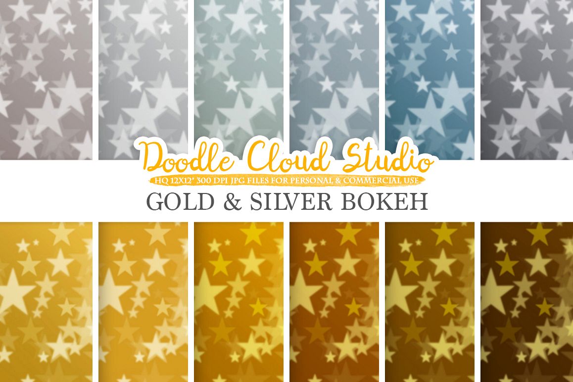 Gold & Silver Stars Bokeh digital paper, Metallic Bokeh Overlay, Star Bokeh backgrounds, Instant Download, for Personal and Commercial Use example image 1