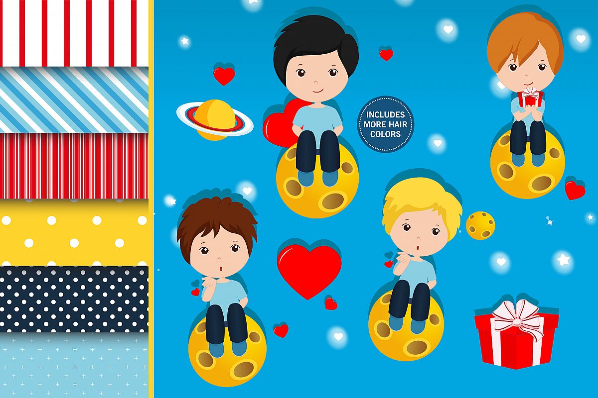 I love you to the moon and back, Valentines day illustration, Valentines digital papers example image 1