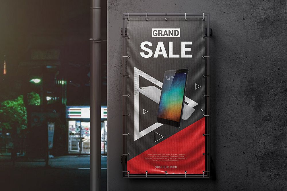 Vertical Outdoor Advertising Banner Mockup example image 1