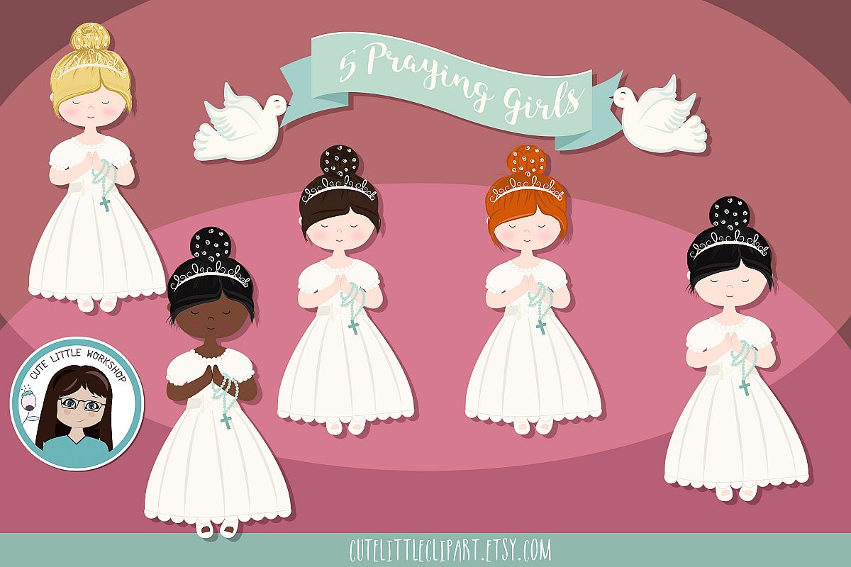 First Holy Communion Girls clipart, Five girls praying, grap example image 1