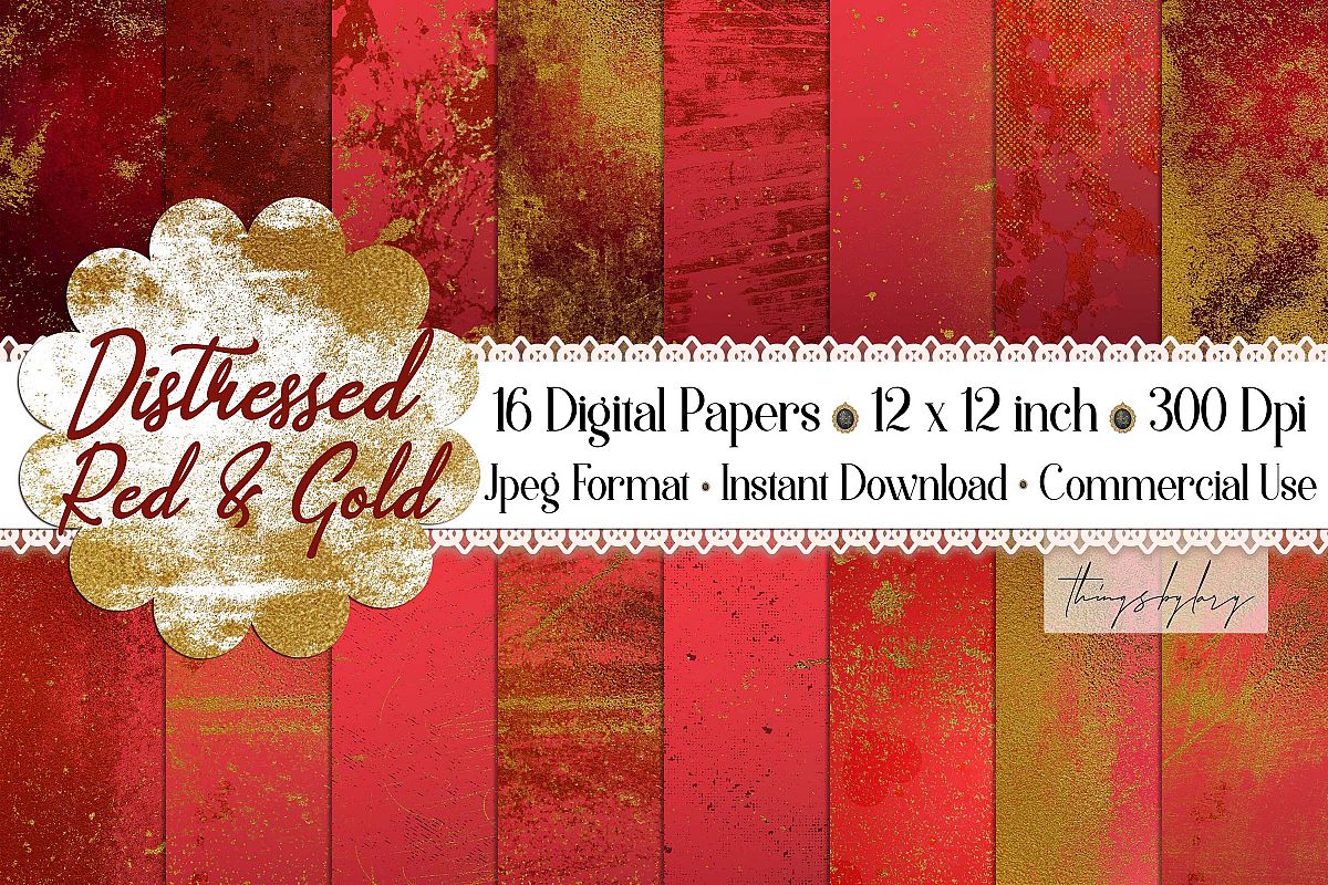 16 Distressed Red and Gold Artistic Painted Digital Papers example image 1