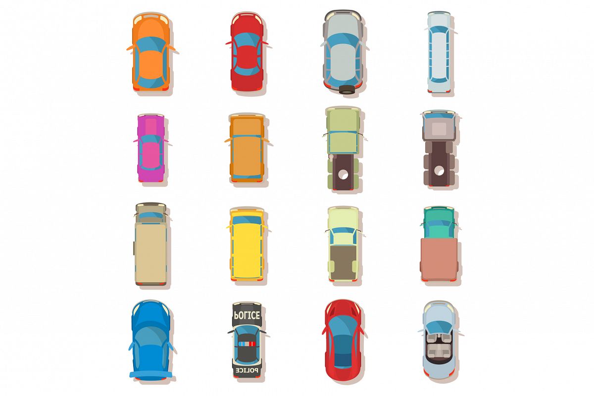 Car top view above over icons set, flat style example image 1