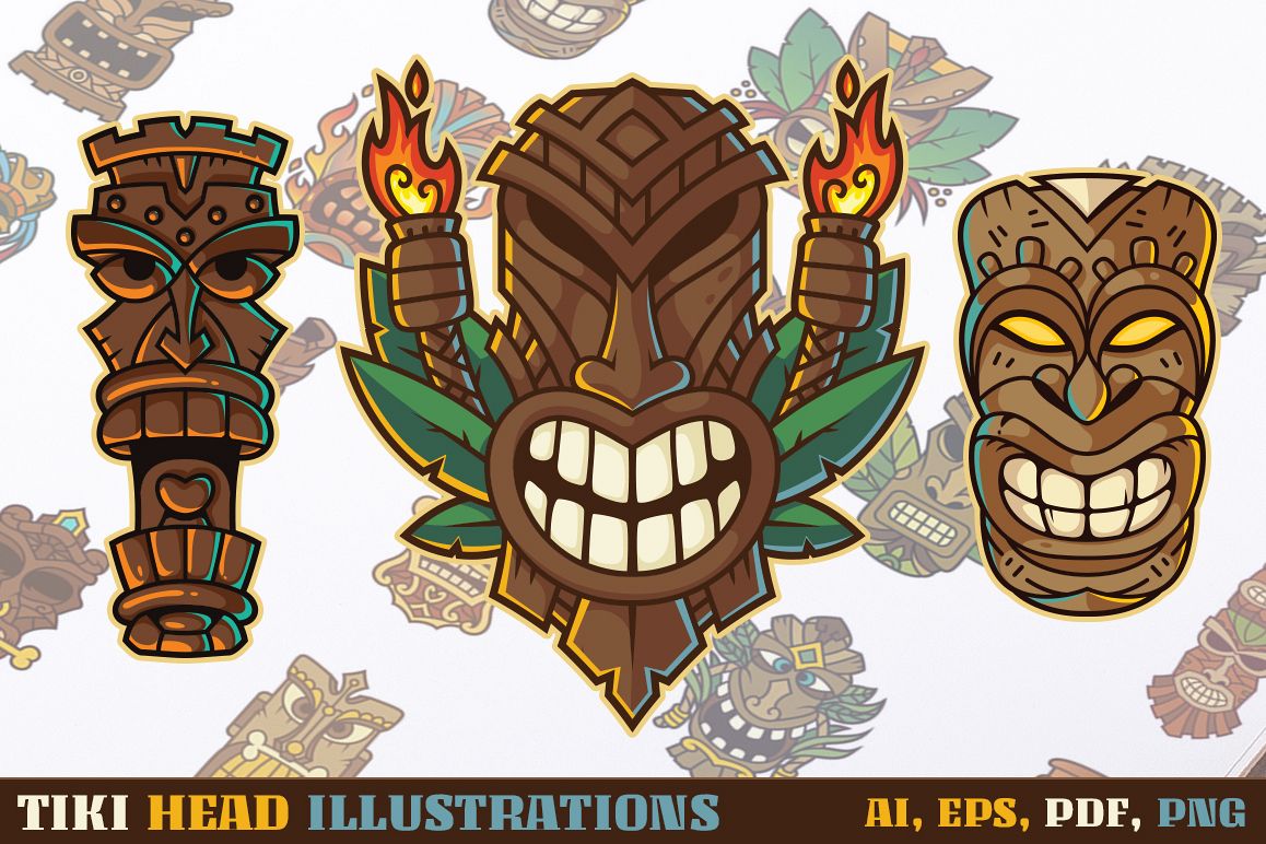 Tiki Head Illustrations Set example image 1