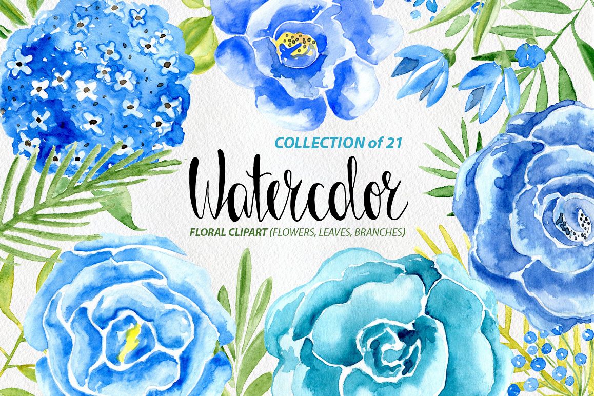 Watercolor blue flowers roses set example image 1
