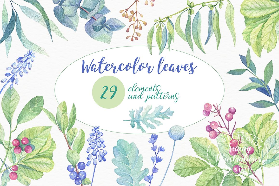 Watercolor leaves, berries, flowers example image 1