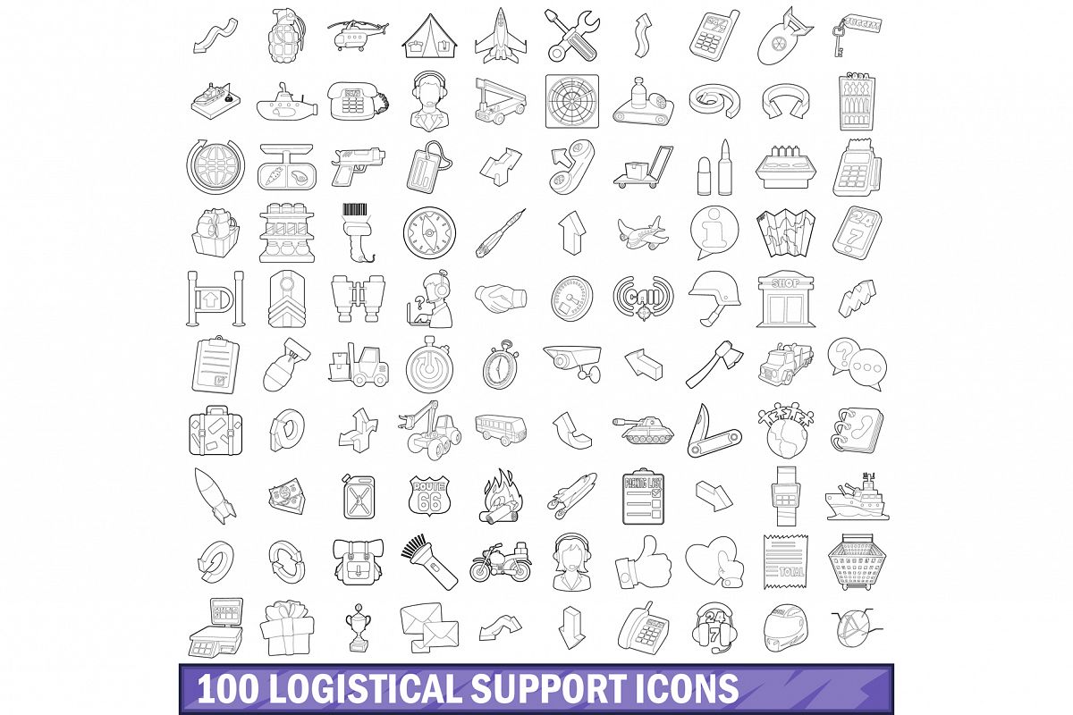 100 logistical support icons set, outline style example image 1