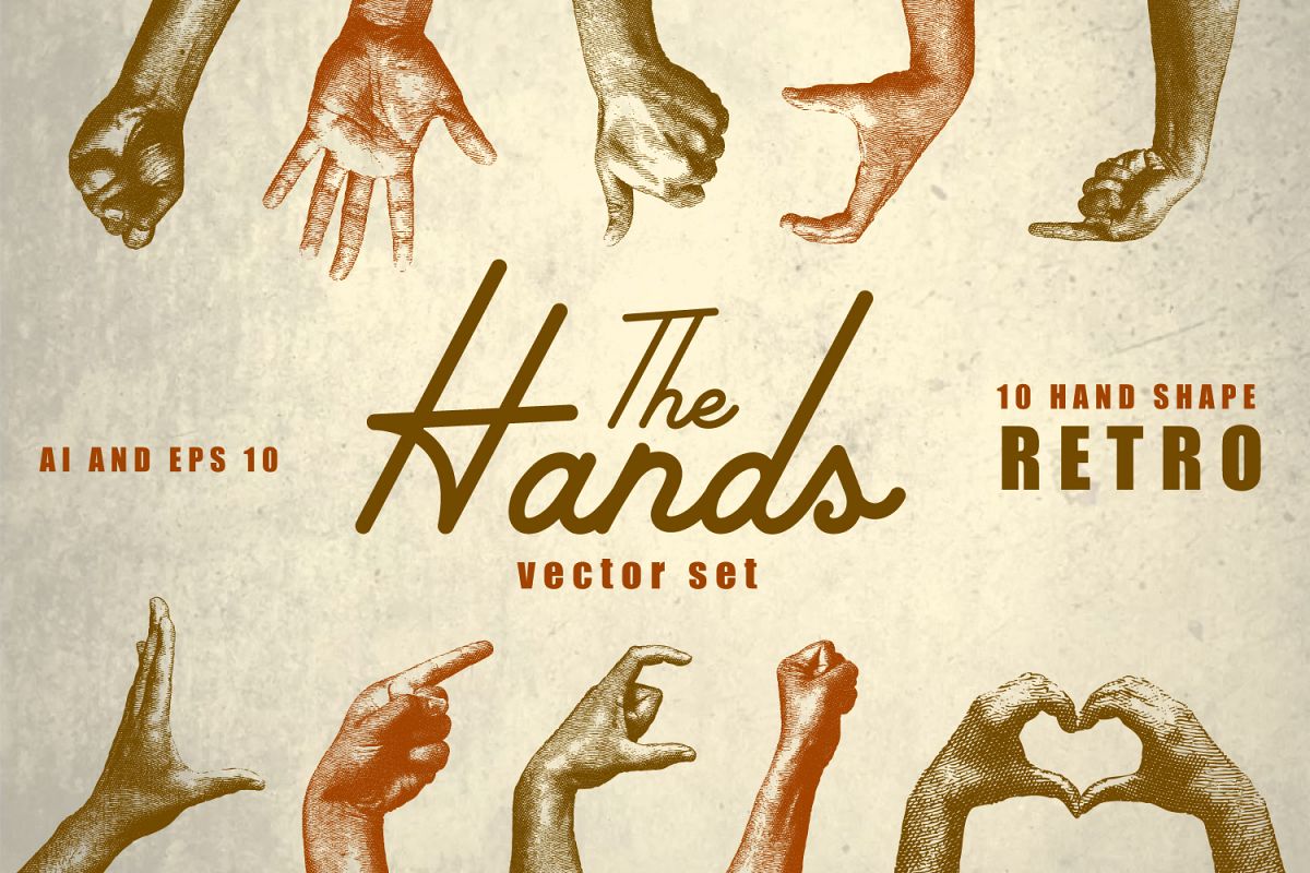 10 Vintage Hands Retro Vector Set AI, EPS example image 1