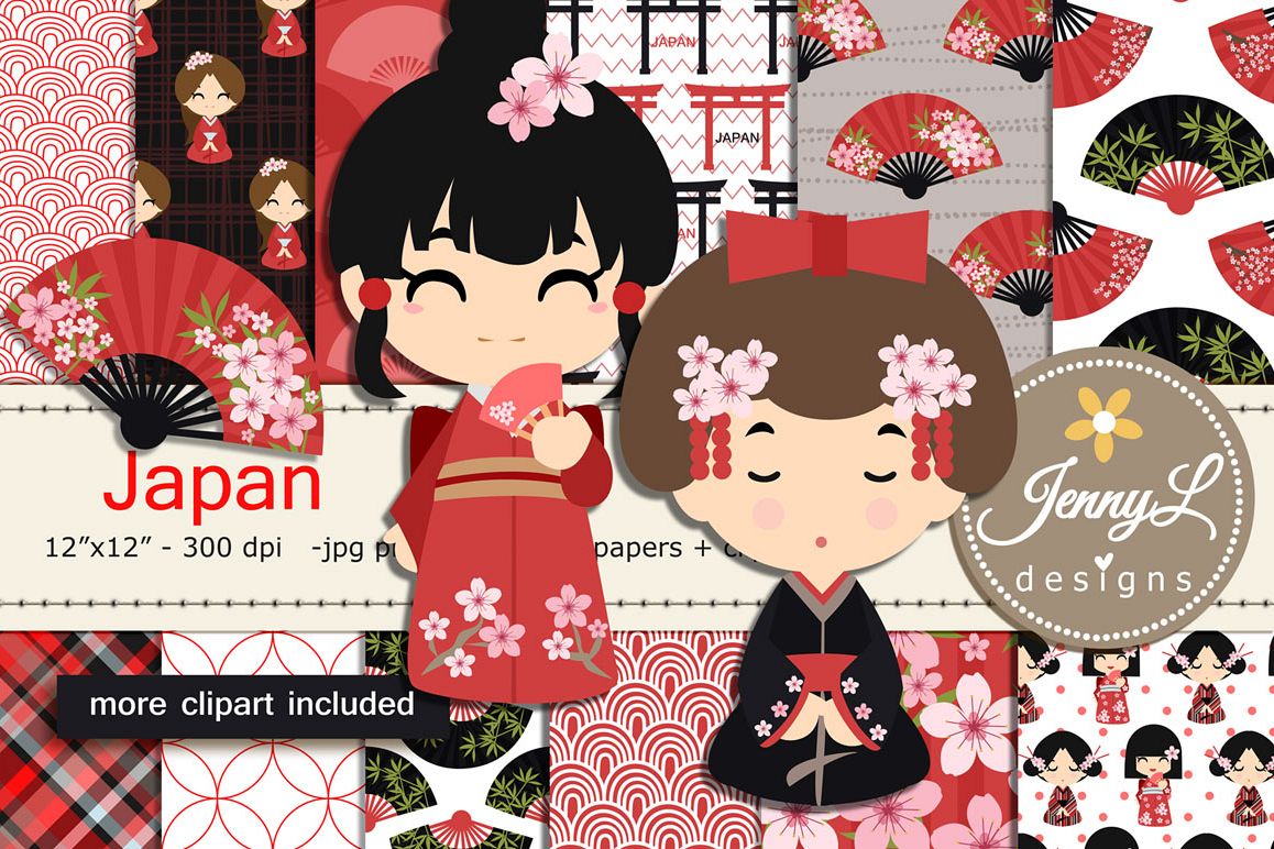 Japan Digital Papers and Japanese Clipart SET example image 1