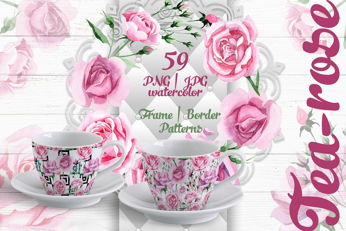 Tea-rose PNG watercolor set example image 1