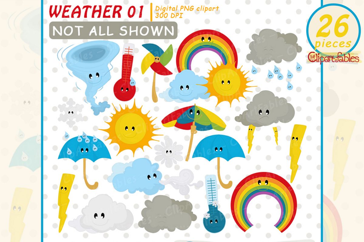 Weather Clipart, cute cloud clip art, Kawaii Clipart Set example image 1
