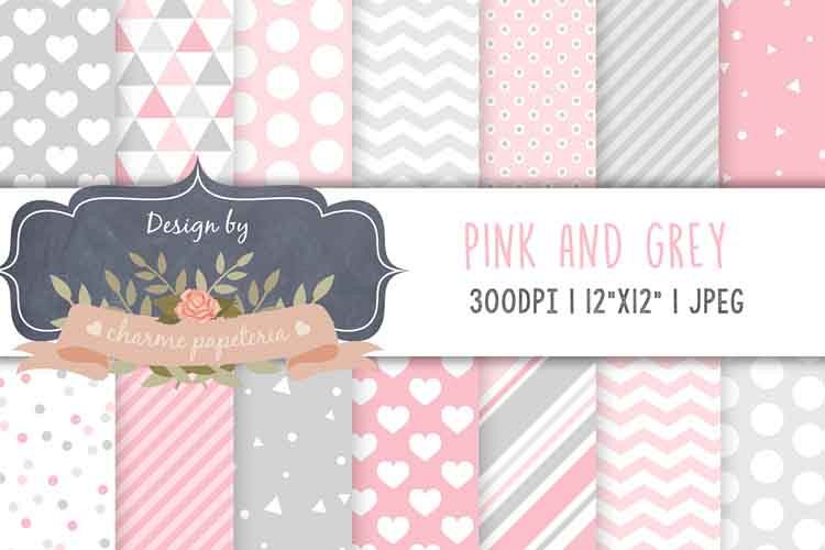 Pink and gray digital paper, Geometric pink and gray triangl example image 1