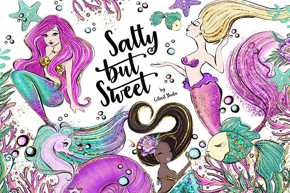 Mermaid clipart Illustrations, Sea Creatures, Summer Clipart example image 1