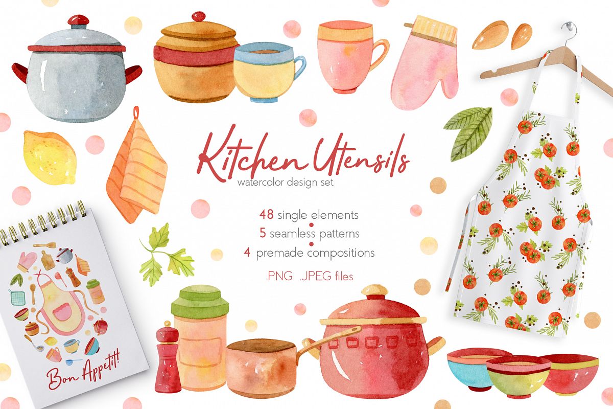 Watercolor Kitchen Utensils Set 2 example image 1