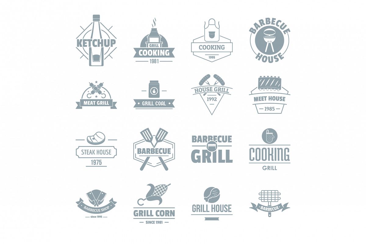 Barbecue grill logo icons set, simple style example image 1