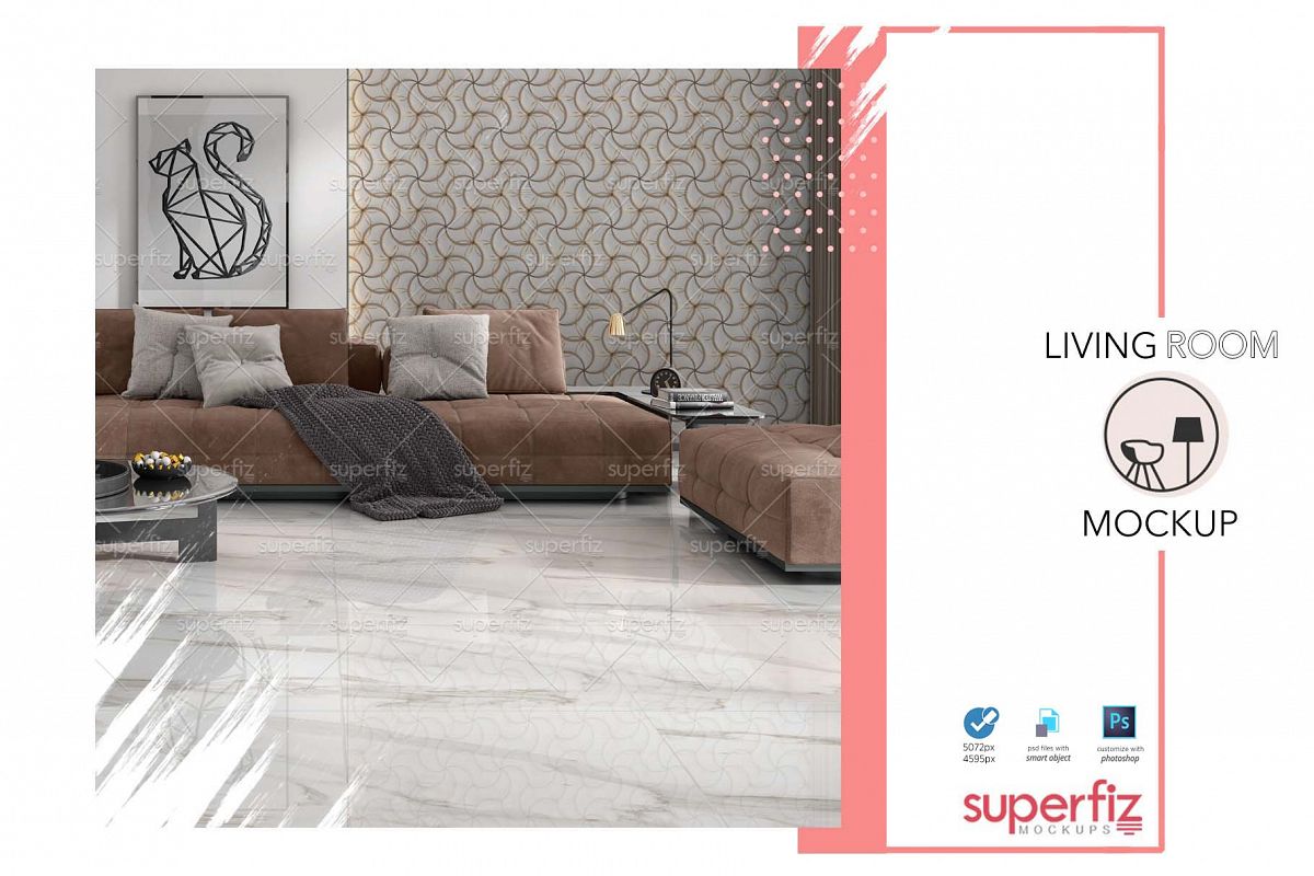 Blank Floor and Wall PSD Mockup Livingroom SM75 example image 1