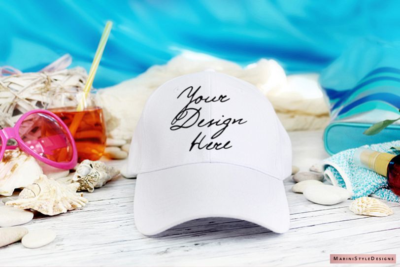 Summer White Cap Mockup, Beach Style Baseball Mockup 954 example image 1