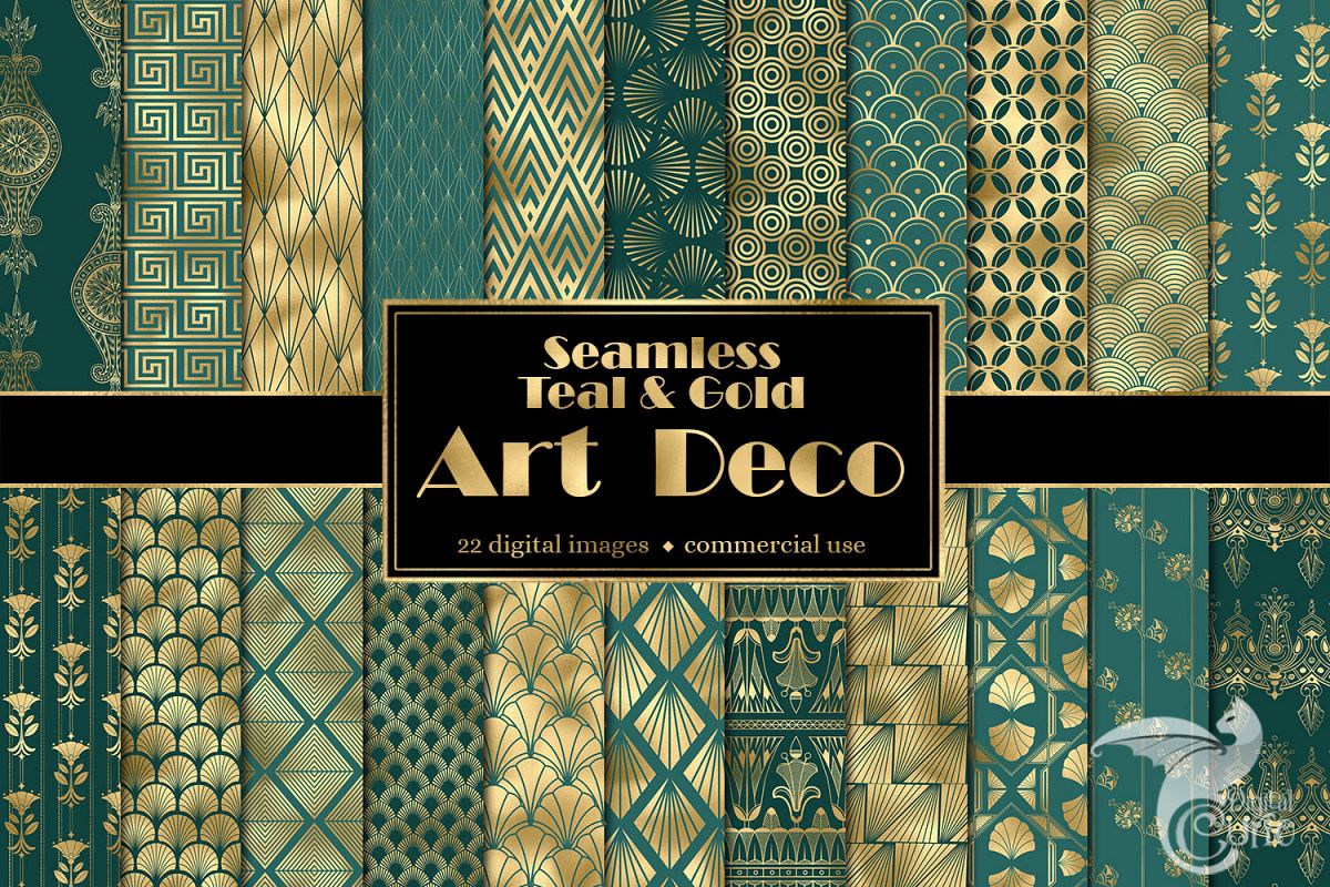 Teal and Gold Art Deco Digital Paper example image 1