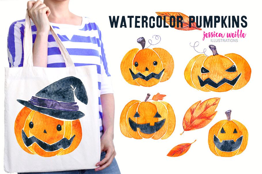 Watercolor Halloween Pumpkins & Leaves example image 1
