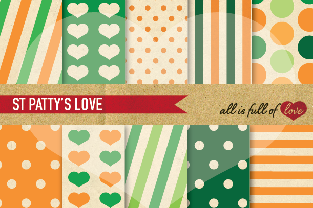 St Paddy's Digital Paper Orange and Green Background Patterns with Vintage Paper example image 1