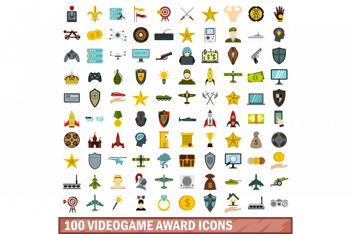 100 videogame award icons set, flat style example image 1
