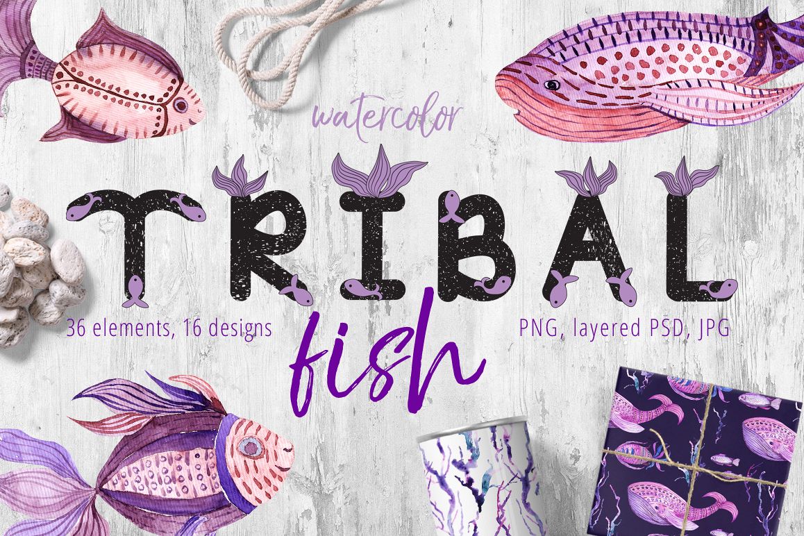 Tribal Fish - watercolor set example image 1