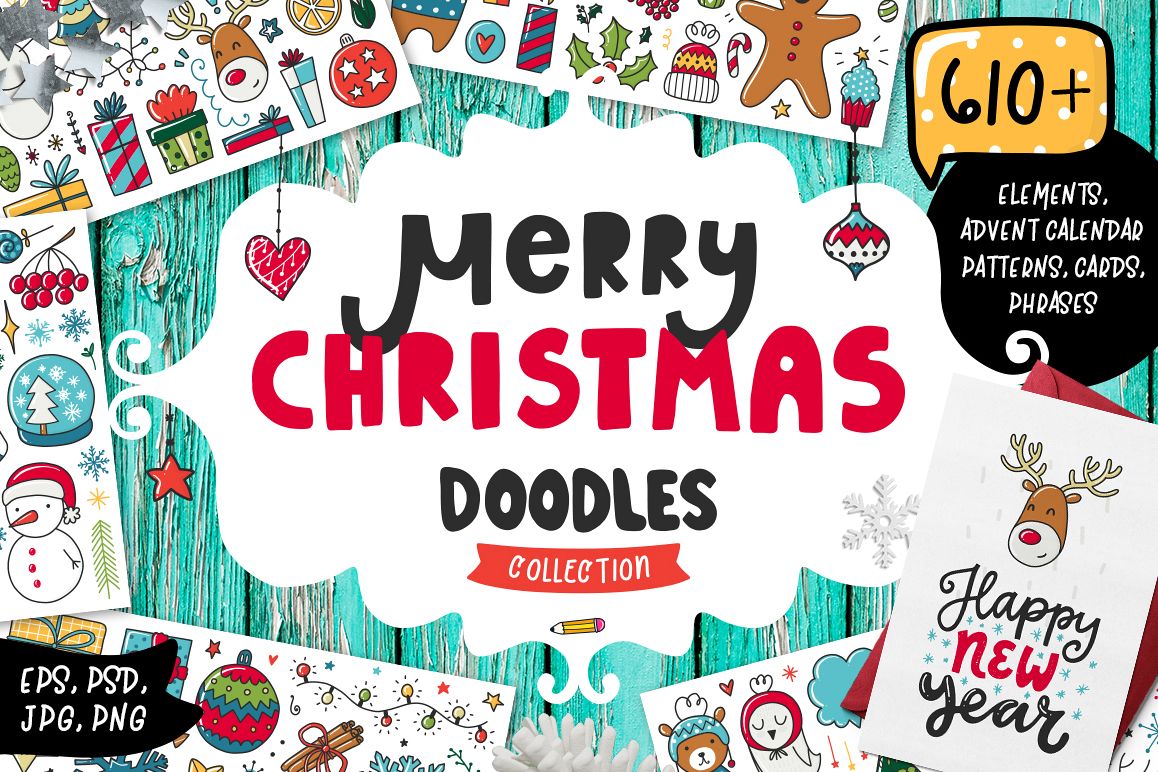 610+ Christmas Doodles - Clipart Set example image 1
