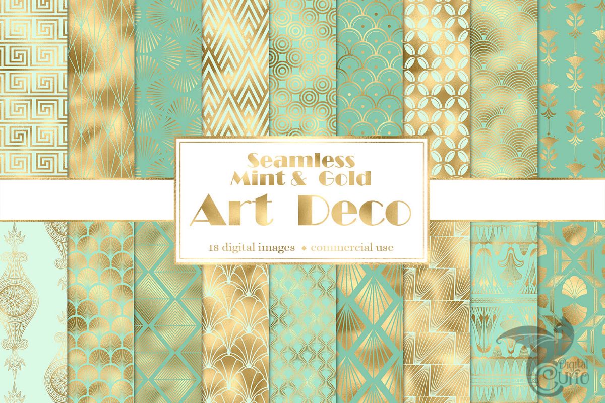 Mint and Gold Art Deco Digital Paper example image 1