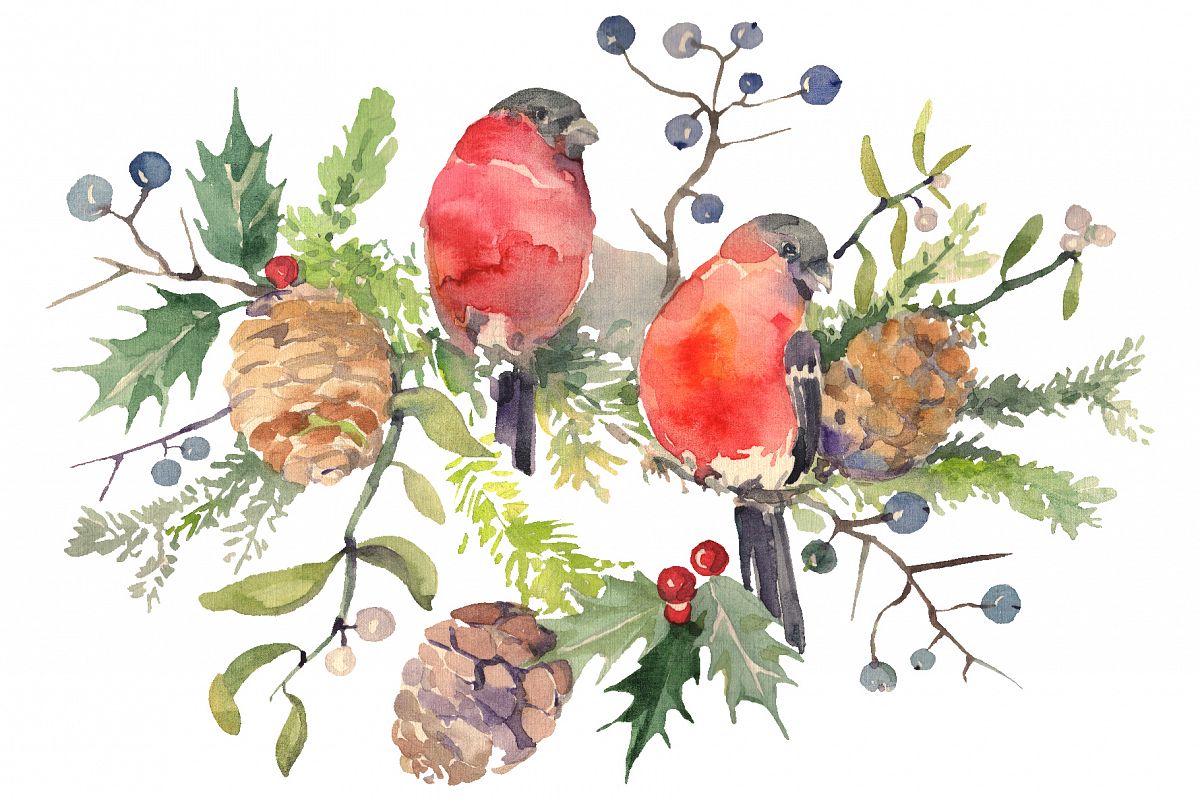 Christmas bouquet with bullfinch Watercolor png example image 1