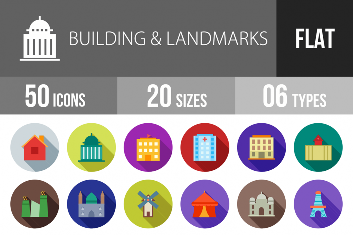 50 Buildings & Landmarks Flat Long Shadow Icons example image 1