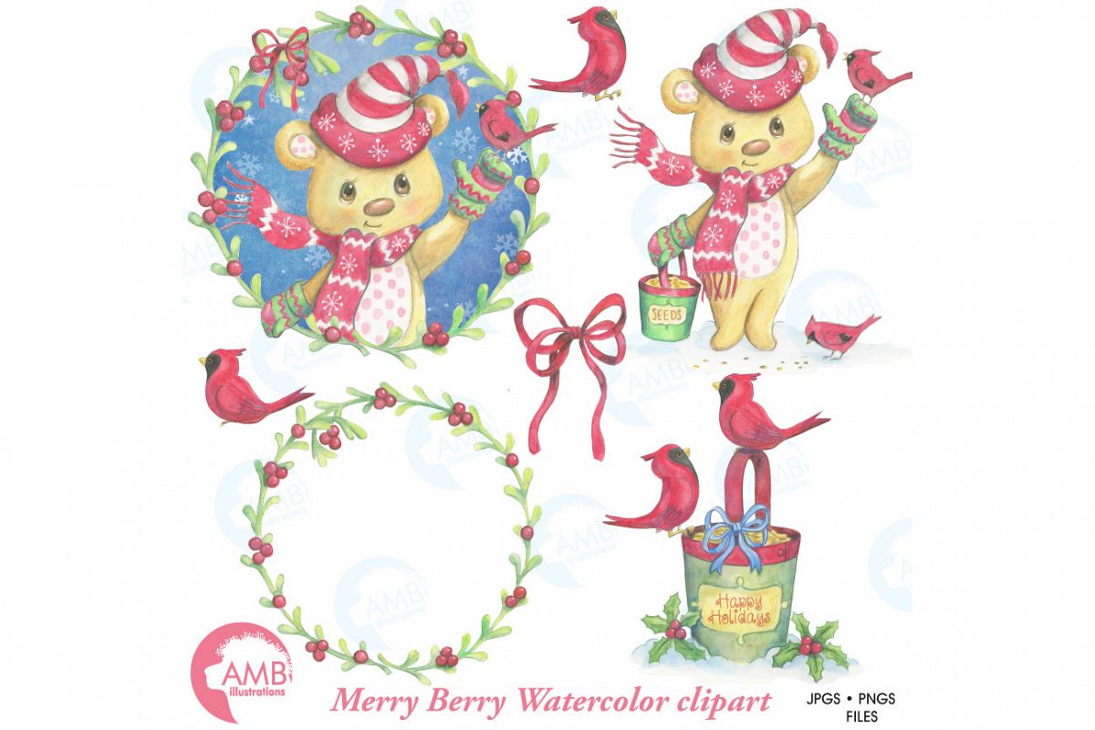 Christmas clipart watercolor, watercolor graphics, Merry Christmas bear illustrations AMB-1489 example image 1